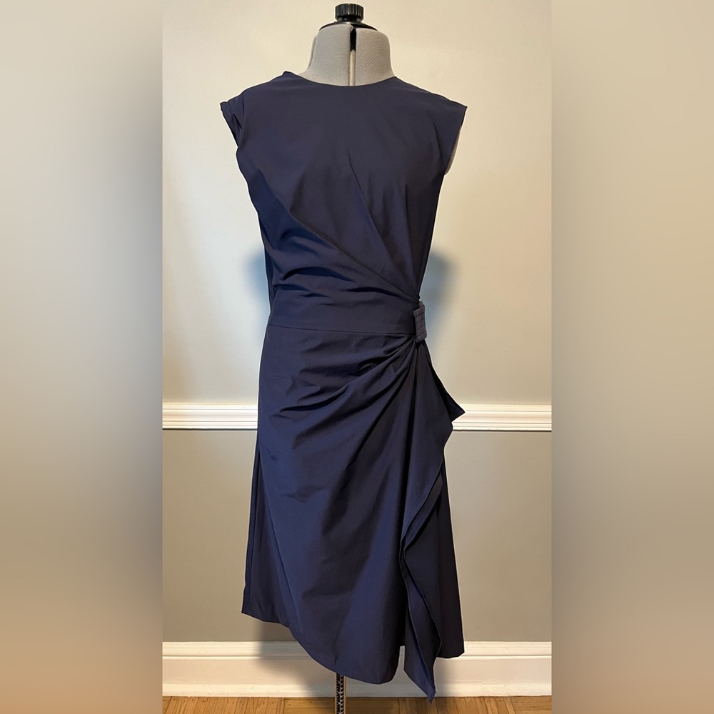 Diane von Furstenberg Navy Sheath Dress with Side Ruffle and Elastic Belt Sz 12